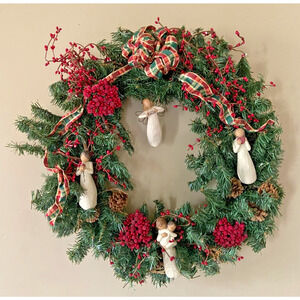 Handmade Willow Tree Angel Christmas 21" Wreath With Plaid Bow And Red Accents